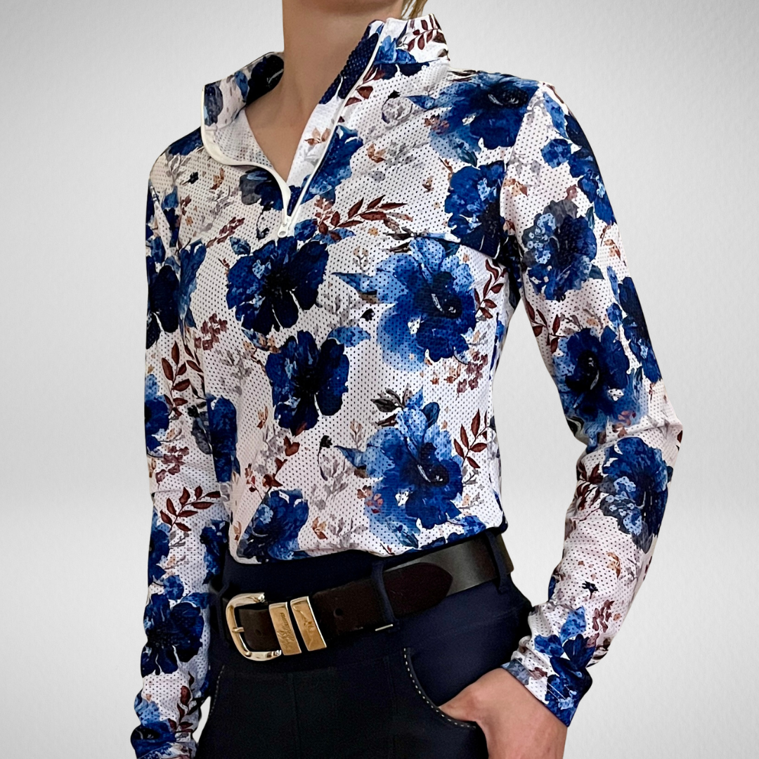 Australian made limited edition equestrian sun shirt in navy floral print worn with navy riding breeches
