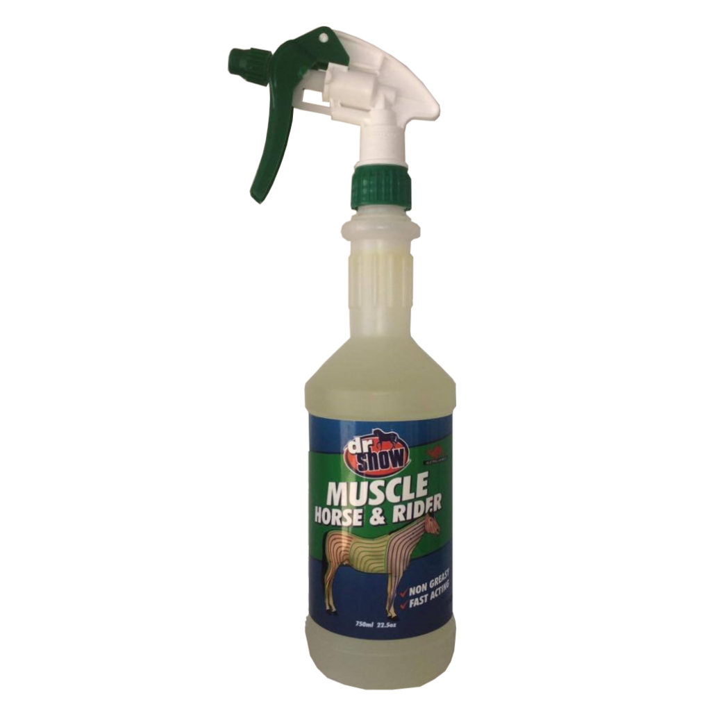 Spray bottle of "Muscle" with screw spray lid and label around middle.