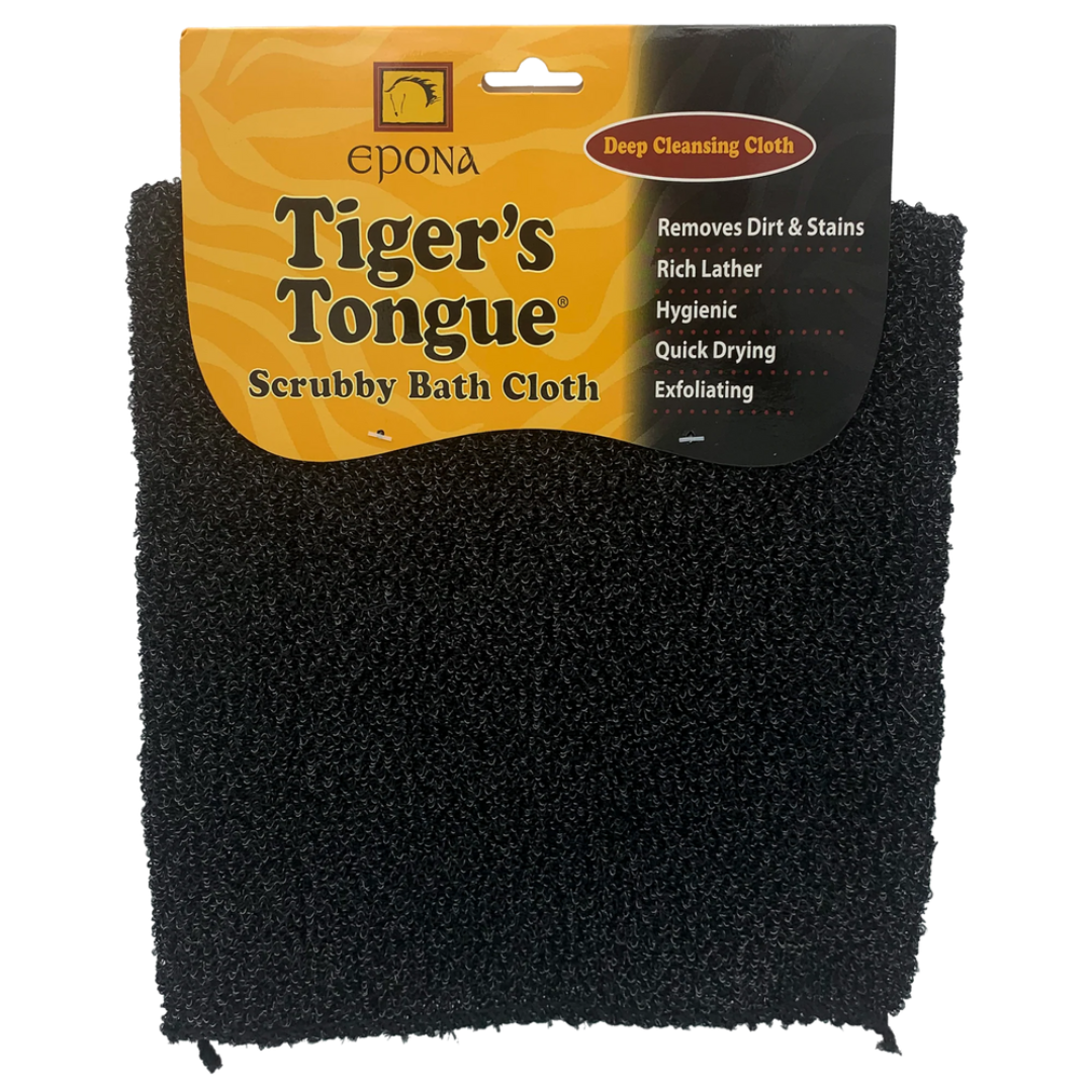 Black cloth for cleaning horse with yellow and black label.