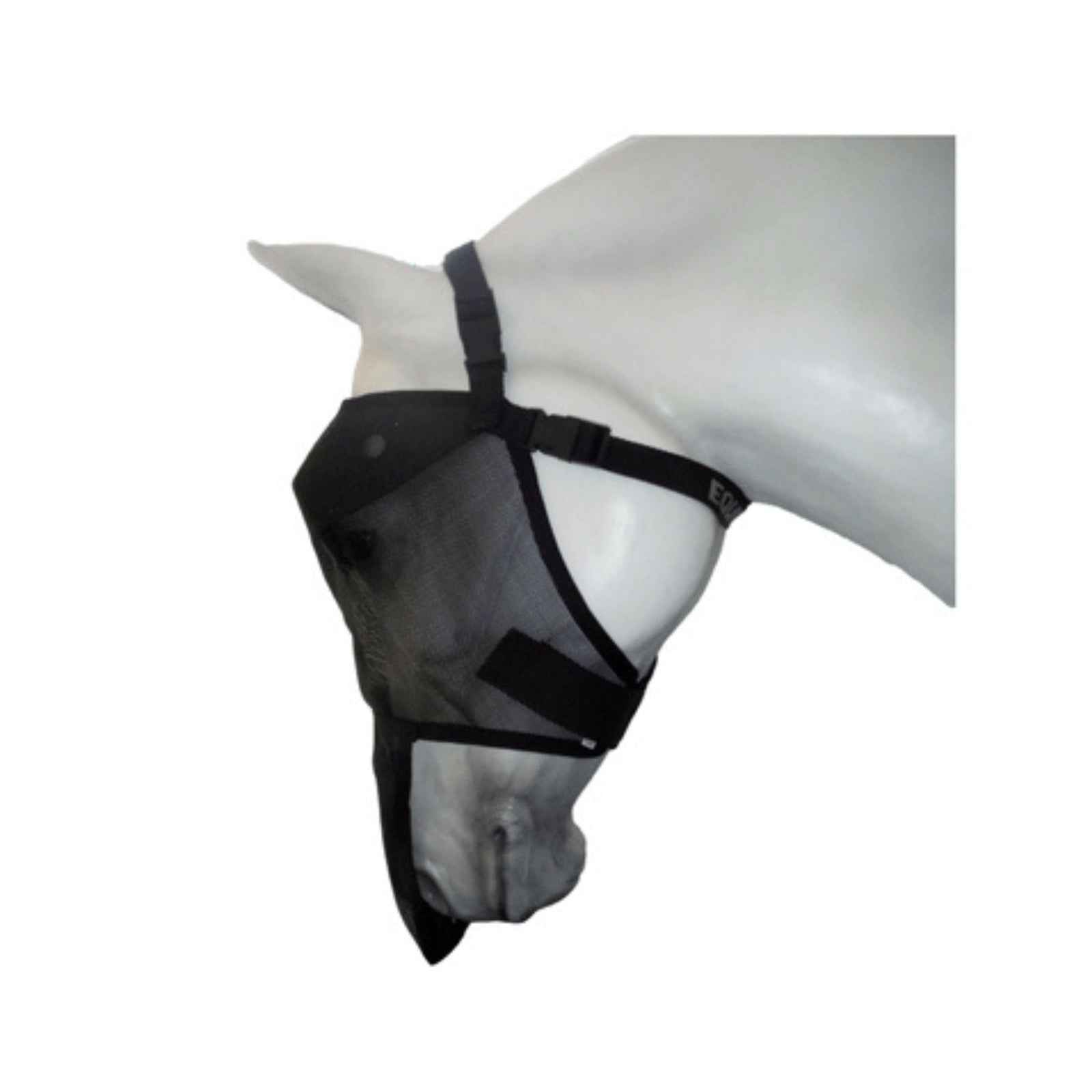 Horse head model wearing black fly mask with nose covering.
