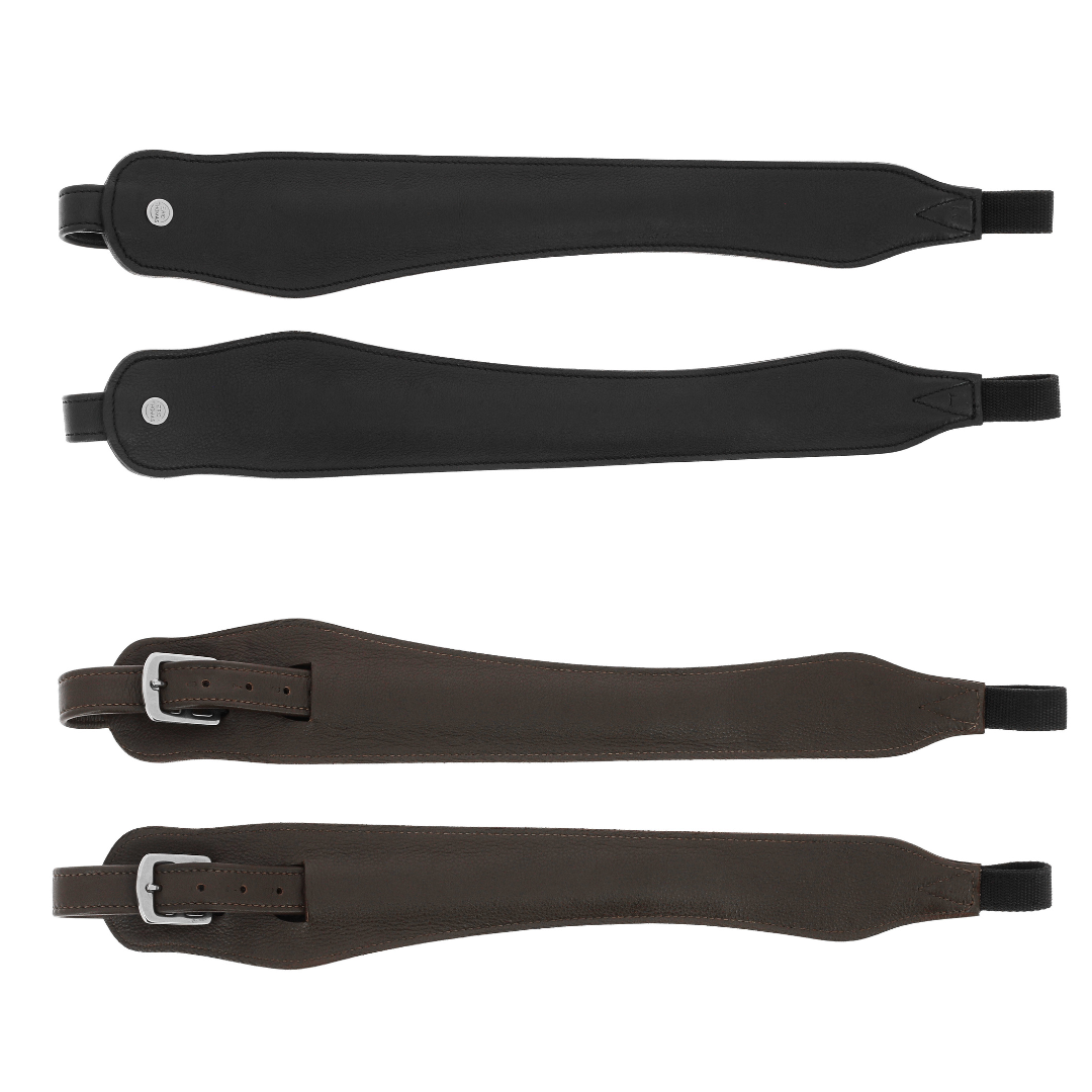 Wide stability close contact stirrup leathers in black and havana