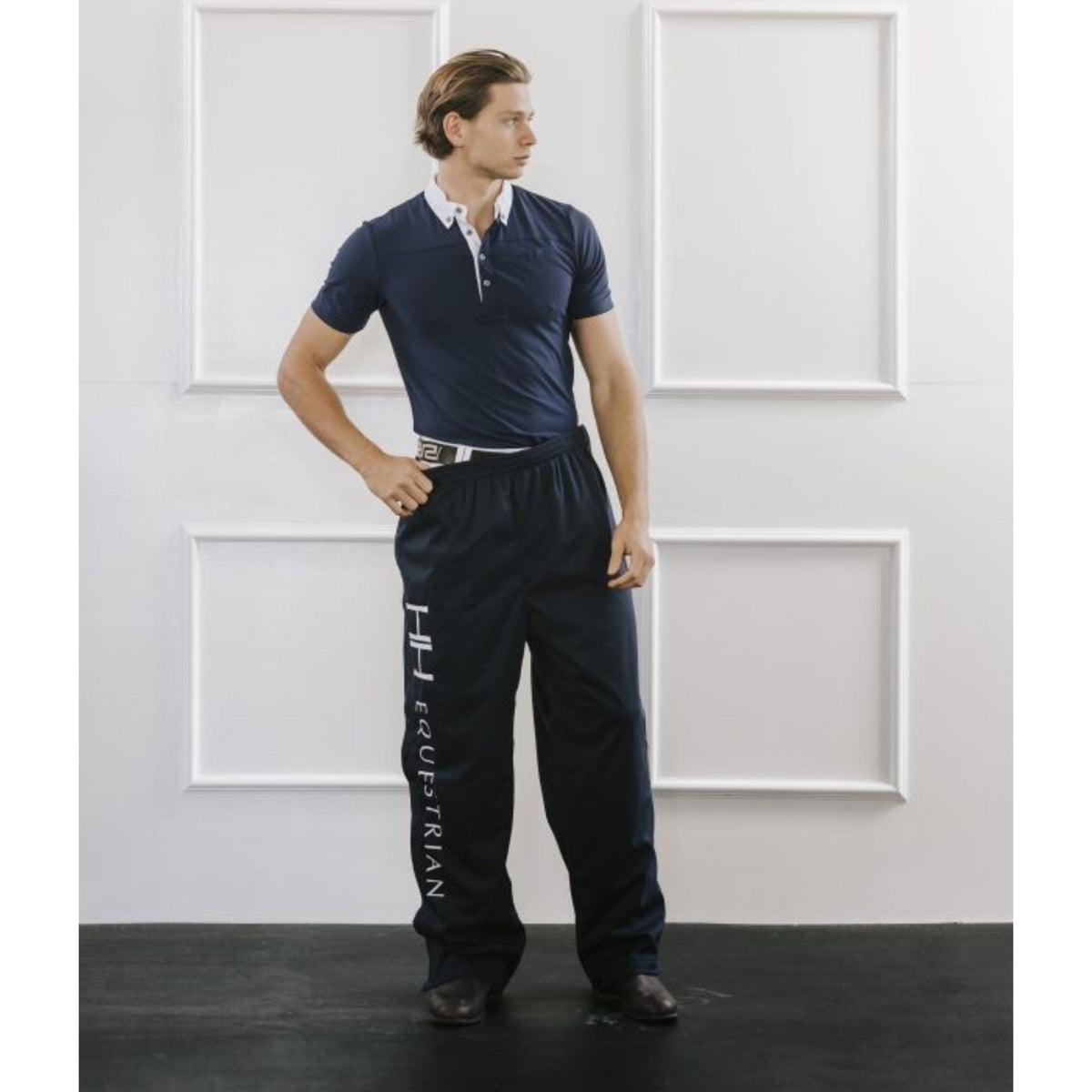 Man wearing Hampton and Harlow Over Pants over white breeches.