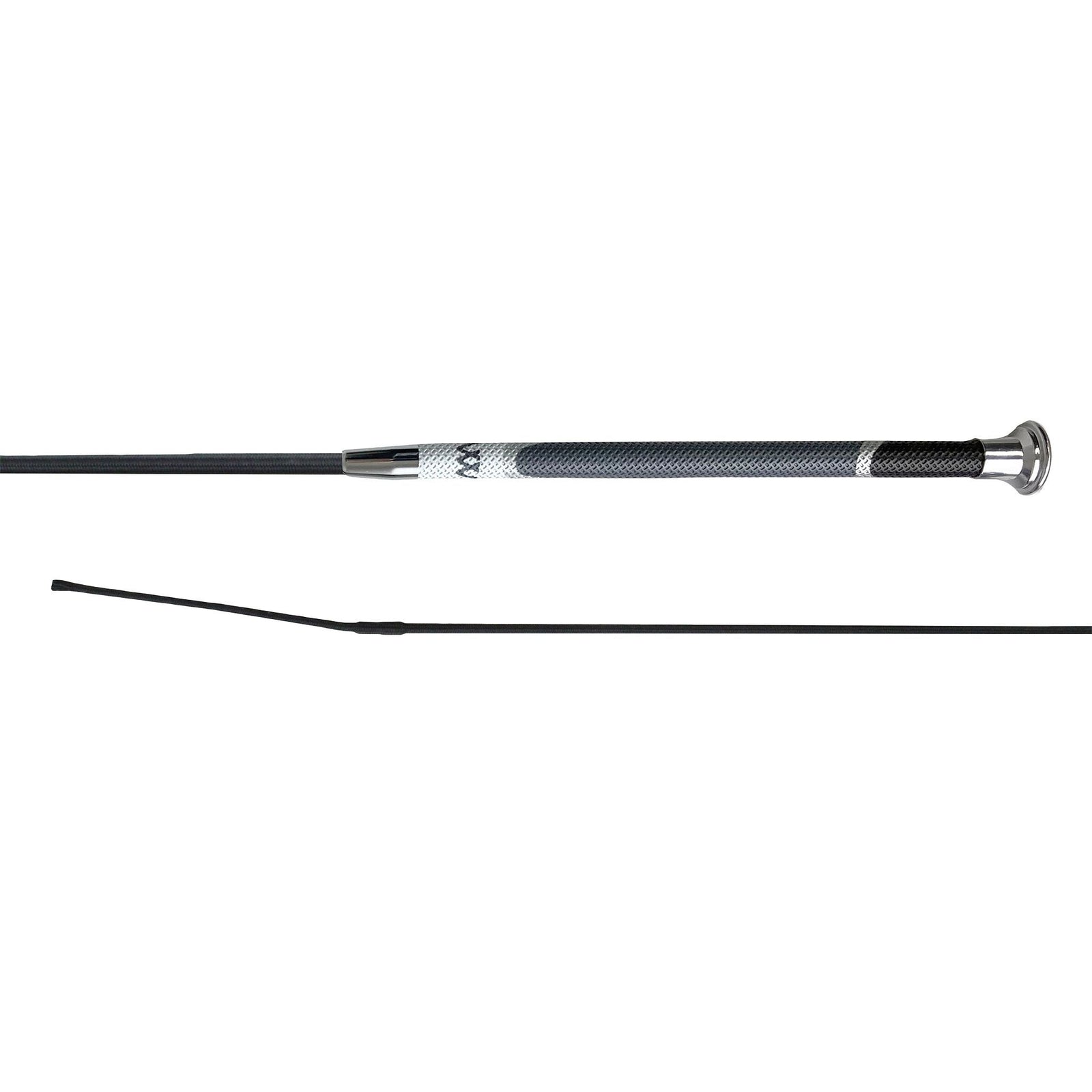 Black dressage whip with grey and silver accents