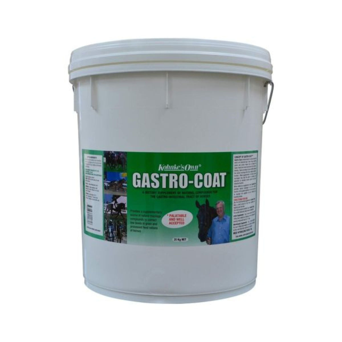 Large white bucket of product with green label and metal handle.