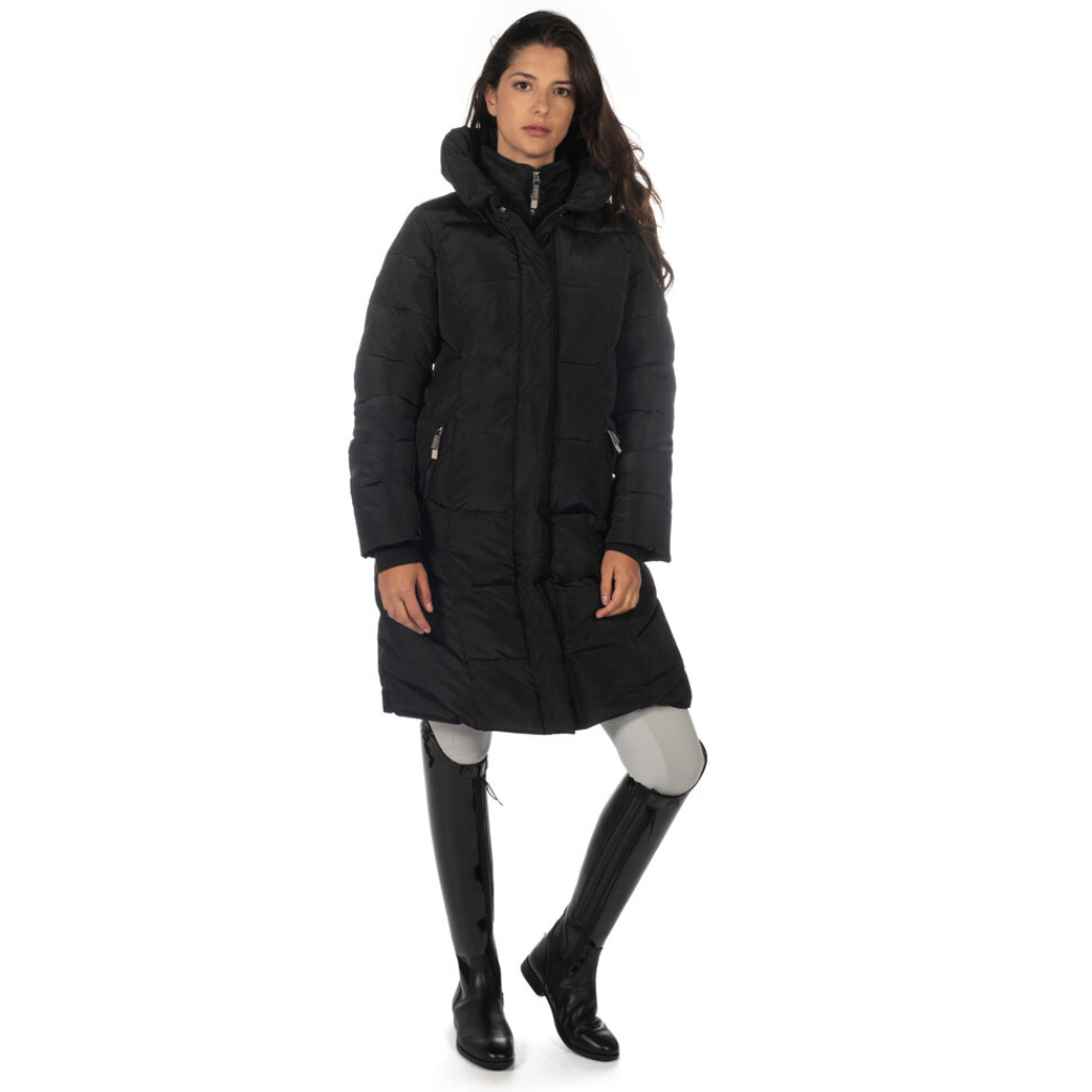 knee length black winter 
puffer jacket / coat  with side splits for horse riding