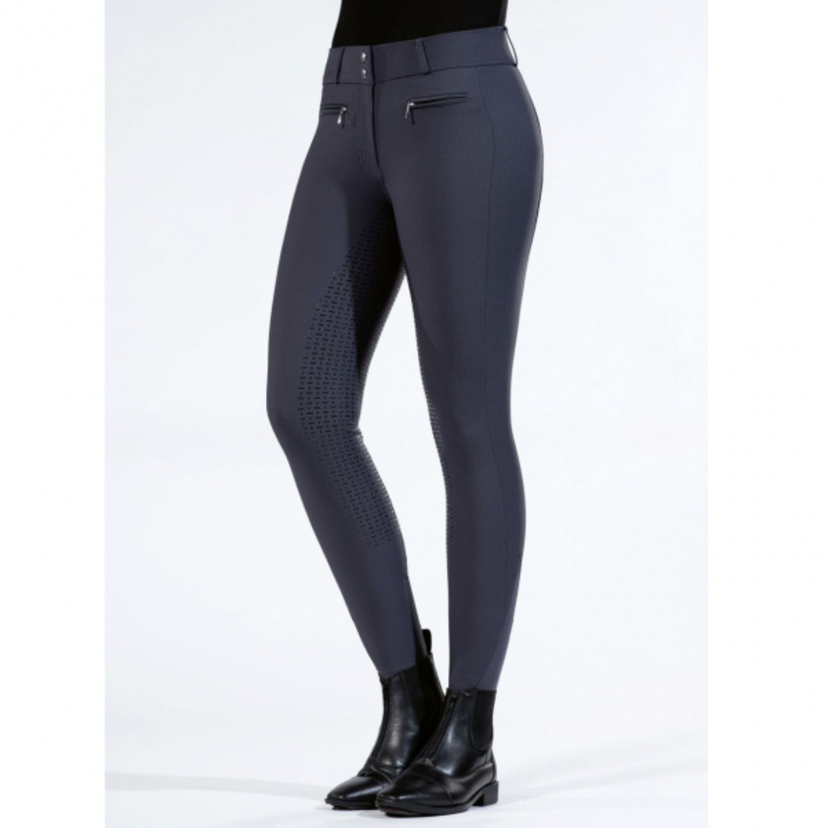 Navy breeches with zip pockets and grippy legs and seat.