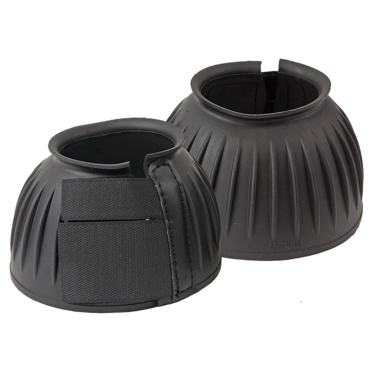 Black rubber bell boots with velcro front and ribbed sides. 