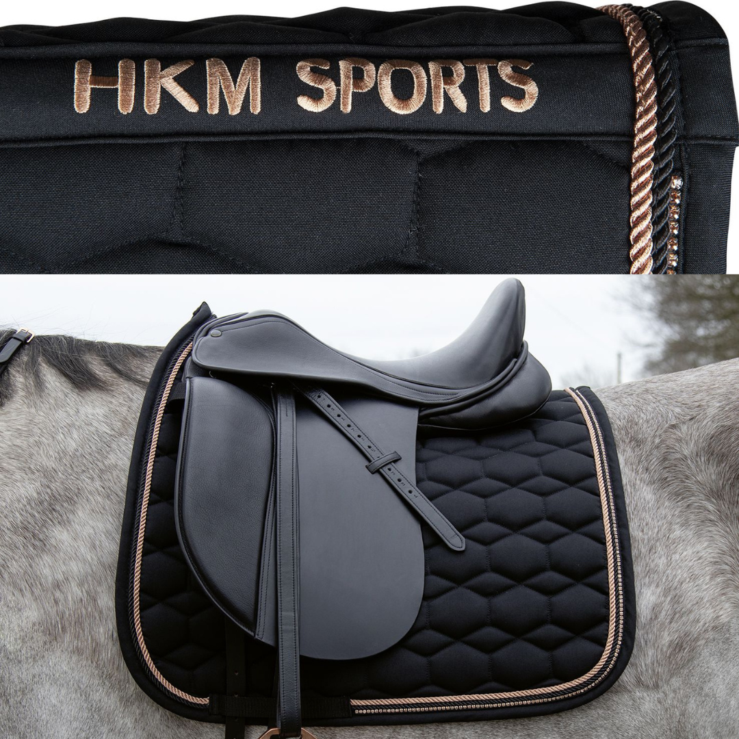 Detail of black and rose gold saddle pad