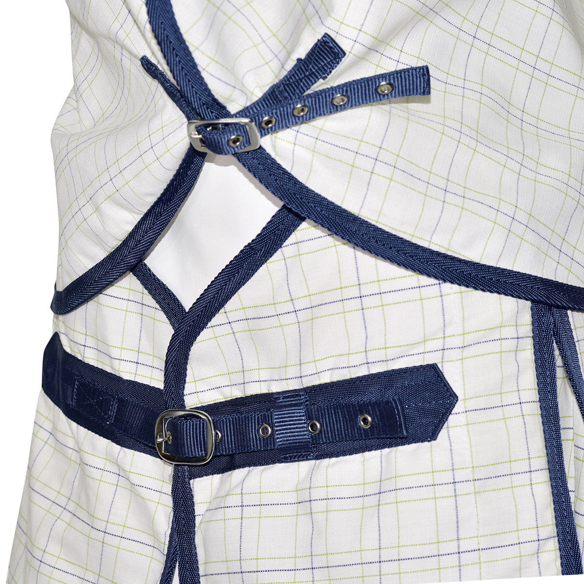 White cotton with green and navy check and navy binding on black horse