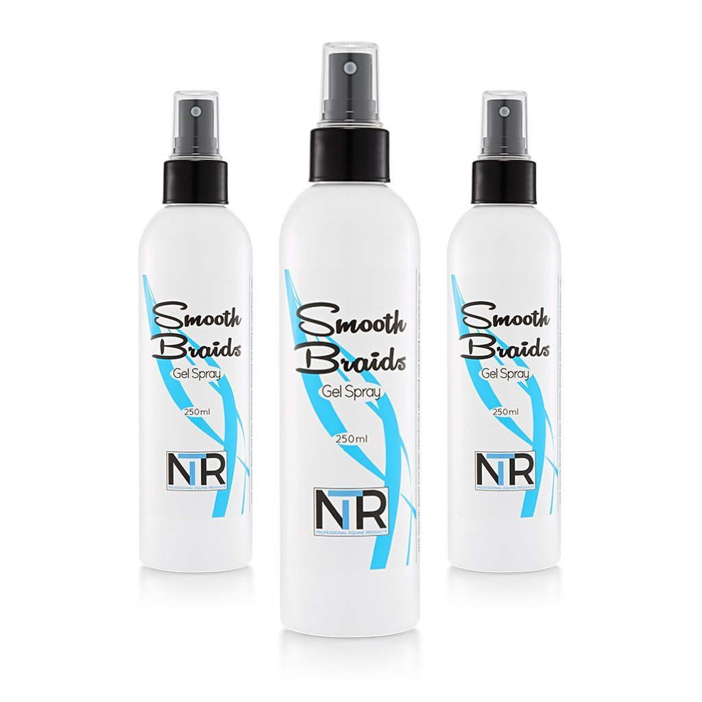 white bottle of gel spray for manes with black spray lid and blue picture