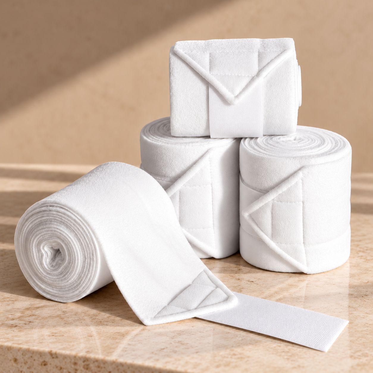 Four rolls of white polar fleece horse bandages arranged on a beige stone surface, with one roll unrolled to show the adhesive strip.