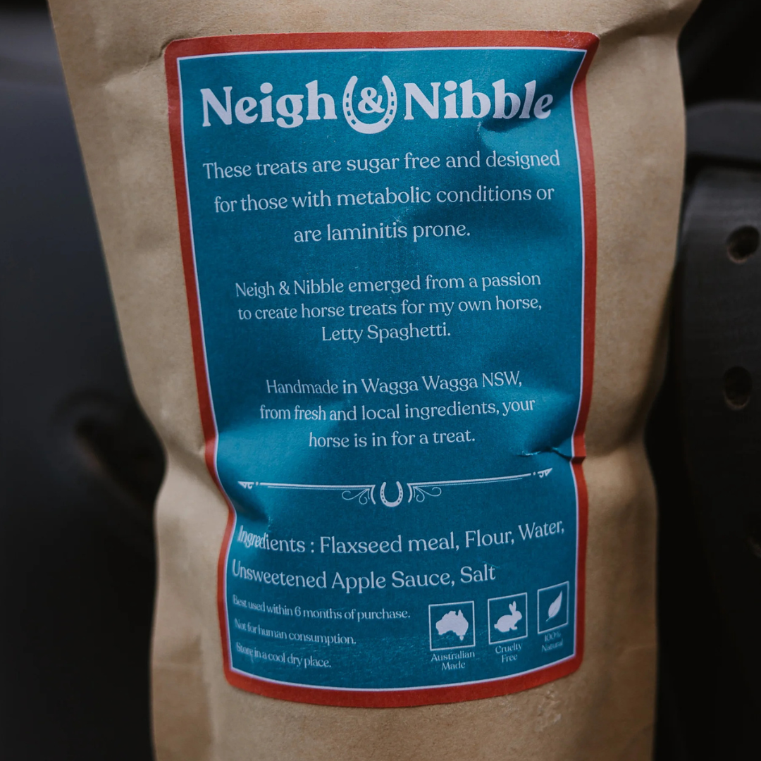 Neigh & Nibble horse treats, with a clear window showing the treats inside.  'Metabolic Safe Horse Treats 150 grams'.