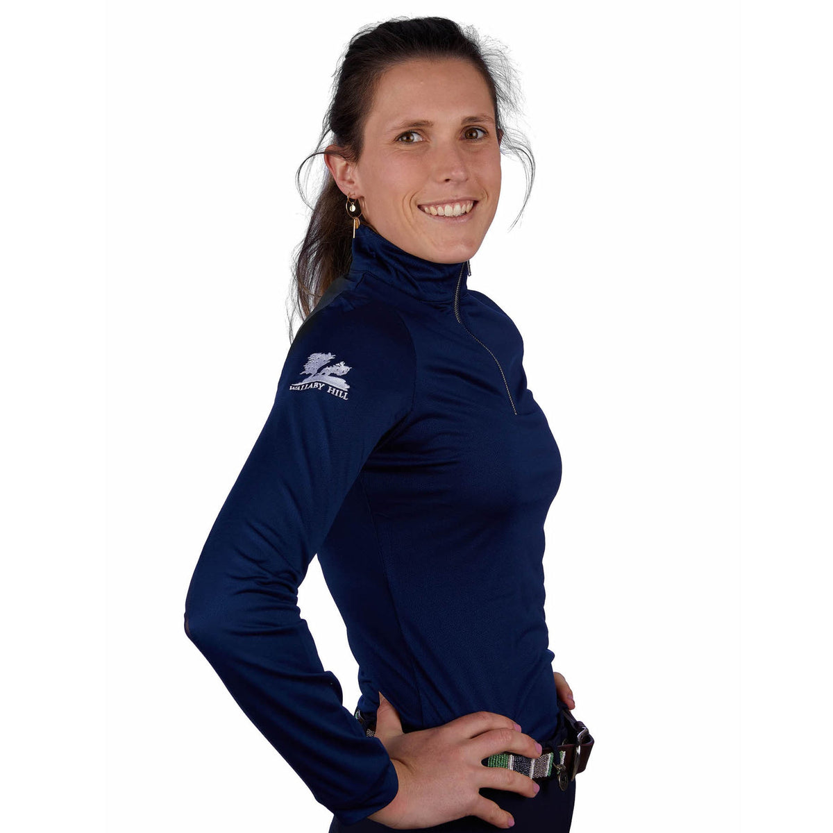 Navy top with silver zip and white wallaby hill logo on the right shoulder