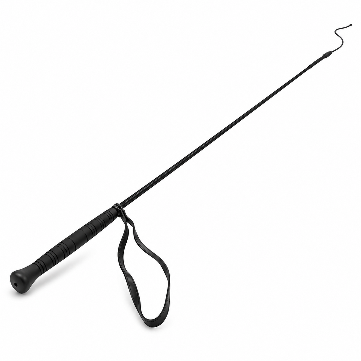 A black dressage whip with a textured grip, a loop handle, and a curved string tip, shown on a plain white background.