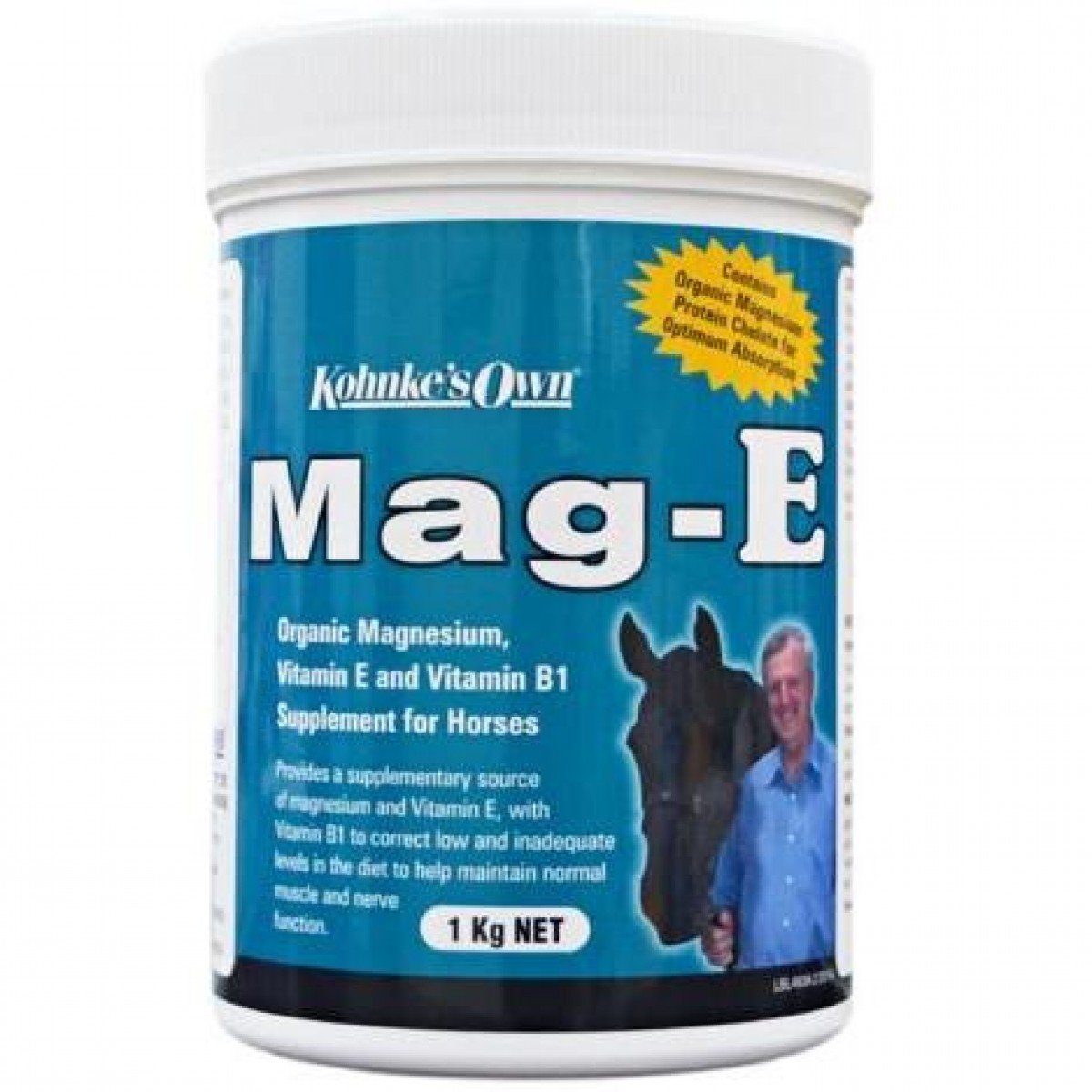 White bucket of Mag-E with yellow lid, handle, and blue label.