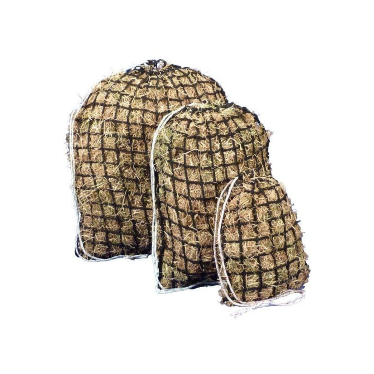 Black hay net with white draw string